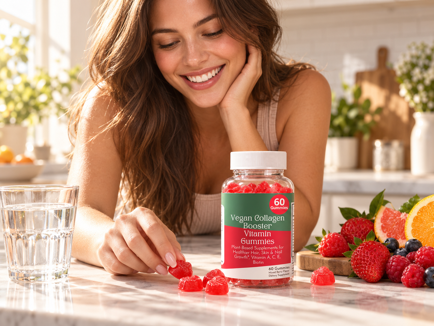 Woman adding DUBI vegan collagen booster gummies to her morning routine